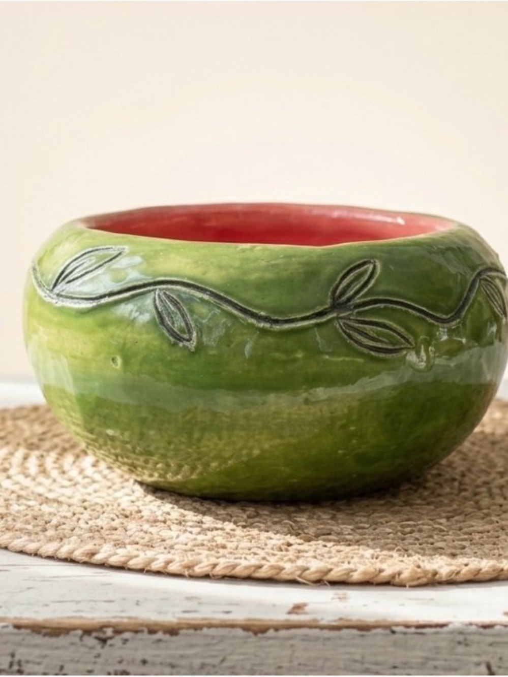 Signed Studio Art Pottery Watermelon Bowl | Art Nouveau Leaf & Vine Relief